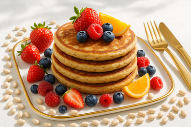 navy bean pacakes  on a gold and white platter with gold utensils .. fresh fruit and navy beans surrounding the platterwith 